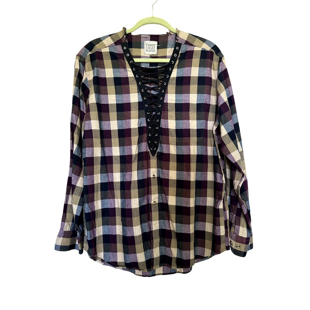 FURST OF A KIND LF reworked long sleeve plaid flannel with lace up front
